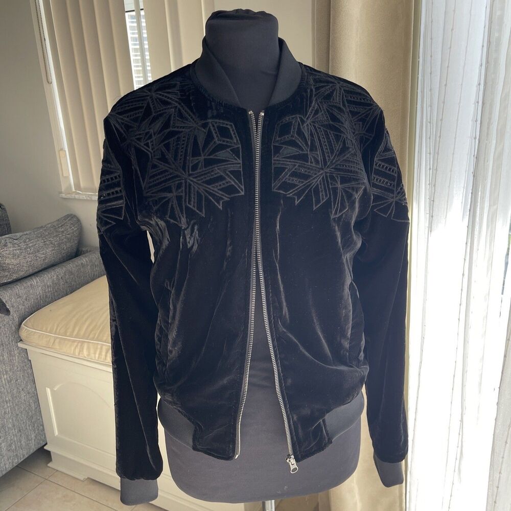 Jessica Simpson Black Velvet Embroidered Bomber Jacket Size S